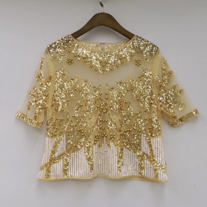 Lace perspective tops sequins beading shirts for women
