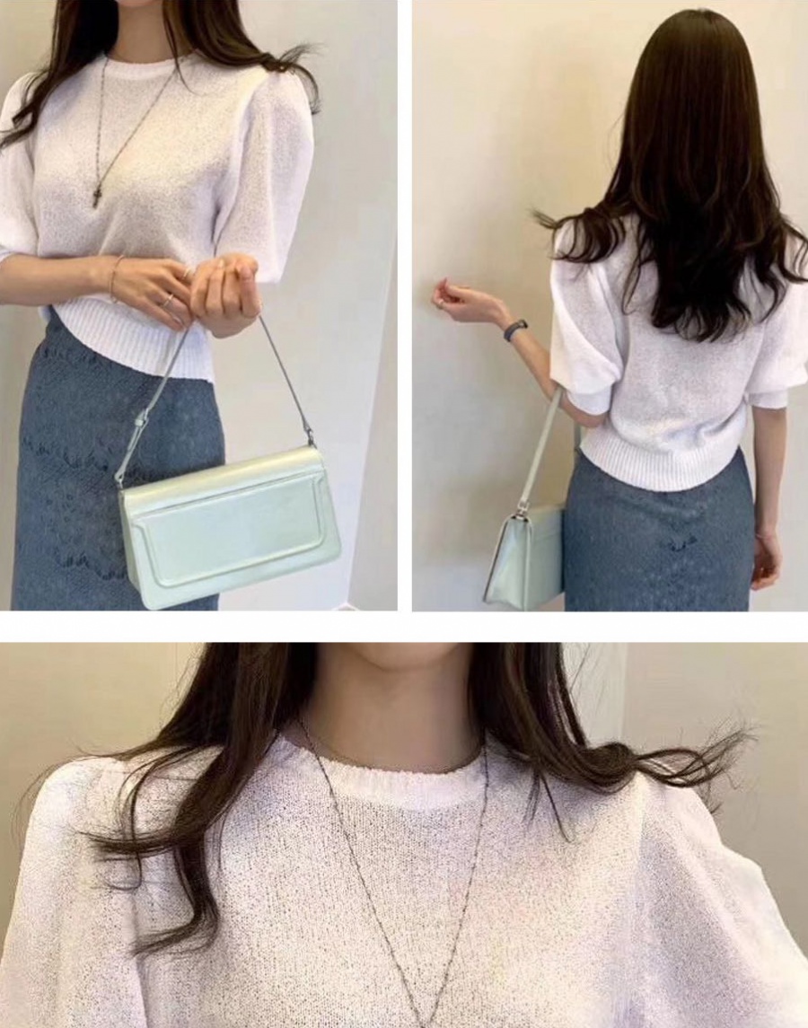 Korean style knitted spring T-shirt round neck pure simple tops