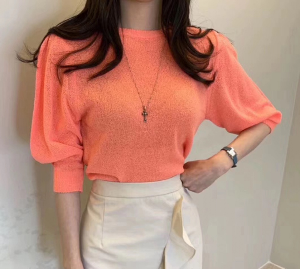 Korean style knitted spring T-shirt round neck pure simple tops