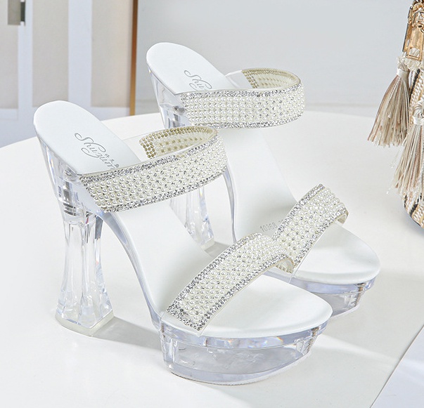 Sexy high-heeled transparent slippers summer lady pearl platform
