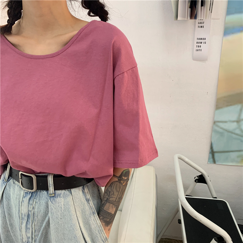 Multicolor big round neck spring loose all-match T-shirt