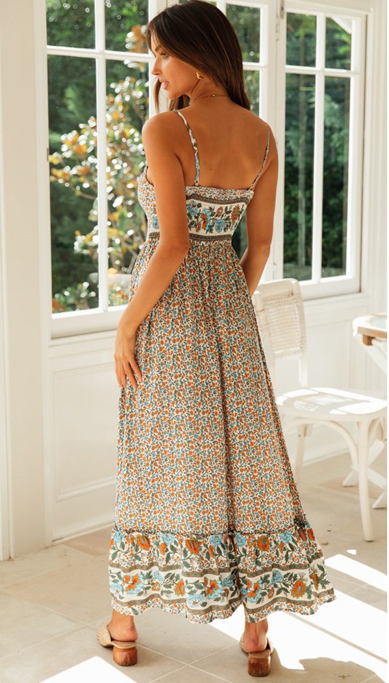 Floral printing sling long dress high waist V-neck dress