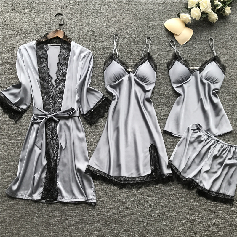 With chest pad summer pajamas sling nightgown 4pcs set for women