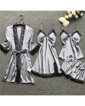 With chest pad summer pajamas sling nightgown 4pcs set for women