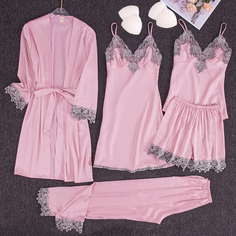 Satin pajamas night dress 5pcs set for women