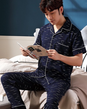 Thin cotton pajamas lapel short sleeve long pants for men