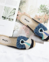 Weaving half shoes embroidered hairball slippers for women