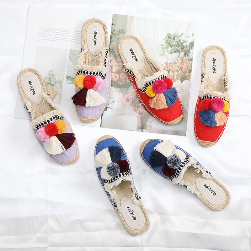 Weaving half shoes embroidered hairball slippers for women
