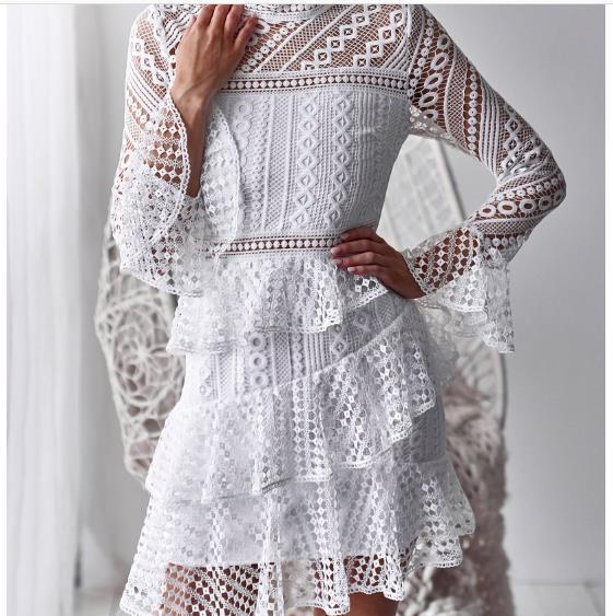 Lace autumn and winter trumpet sleeves cake sexy dress