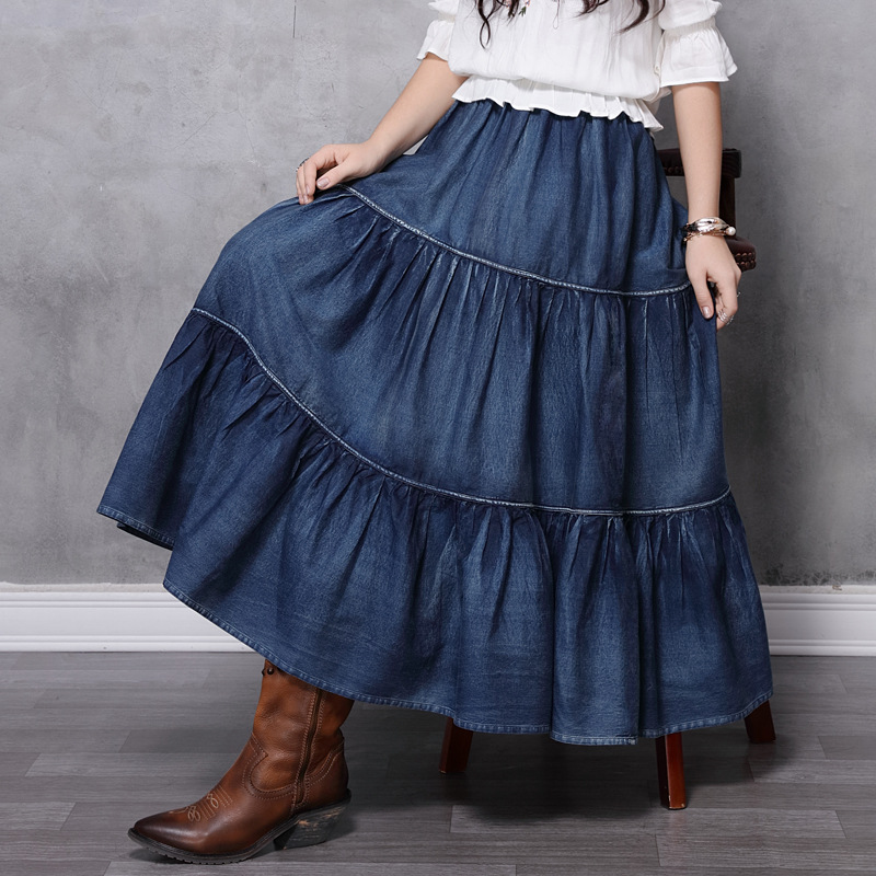 Splice all-match long skirt cake retro denim skirt for women