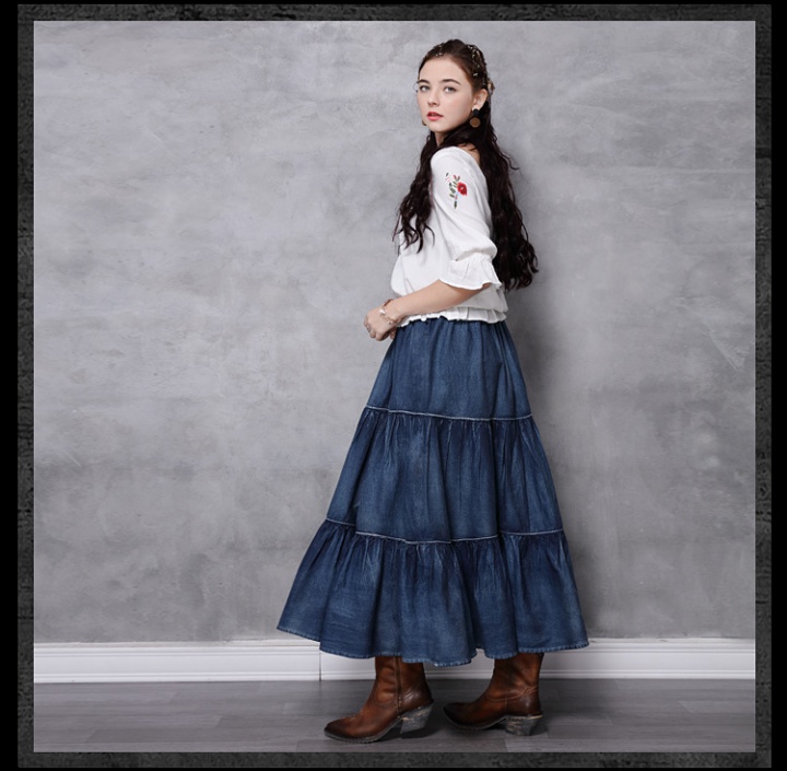 Splice all-match long skirt cake retro denim skirt for women