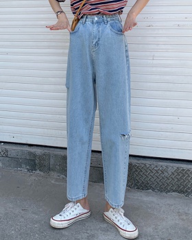 High waist holes jeans light-blue spring pants for women