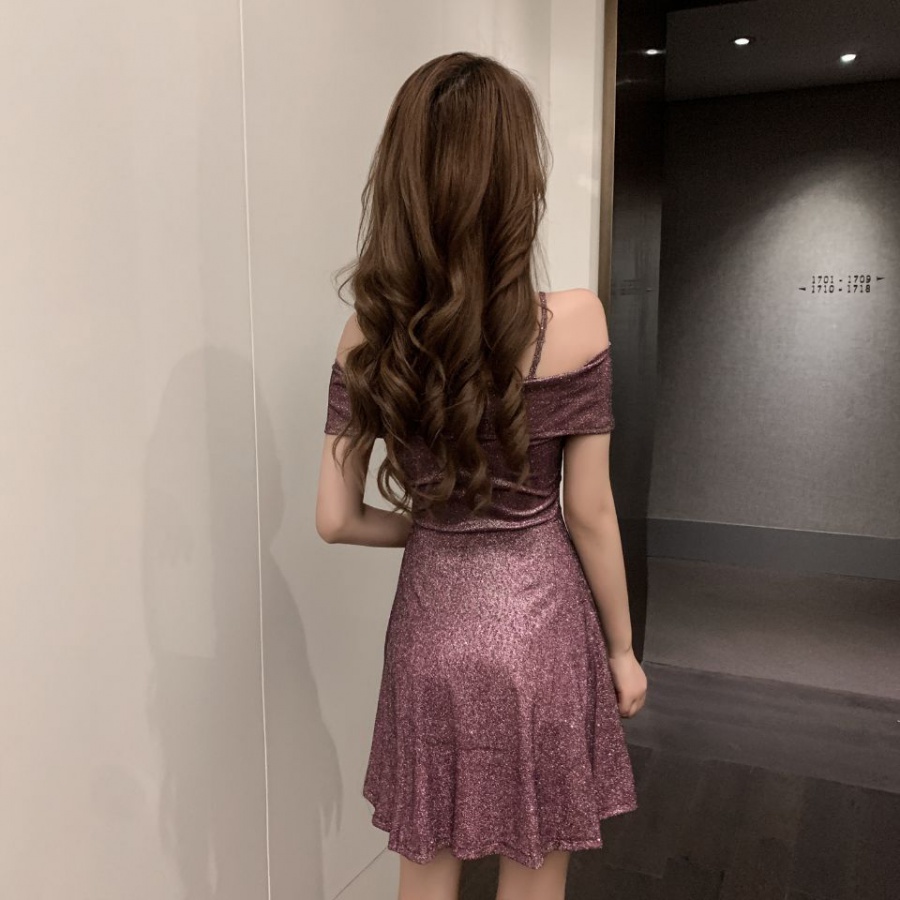 Shiny horizontal collar slim autumn sexy dress