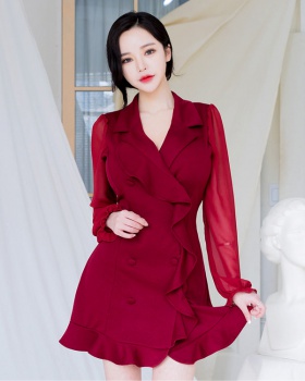 Wood ear package hip Korean style V-neck dress for women