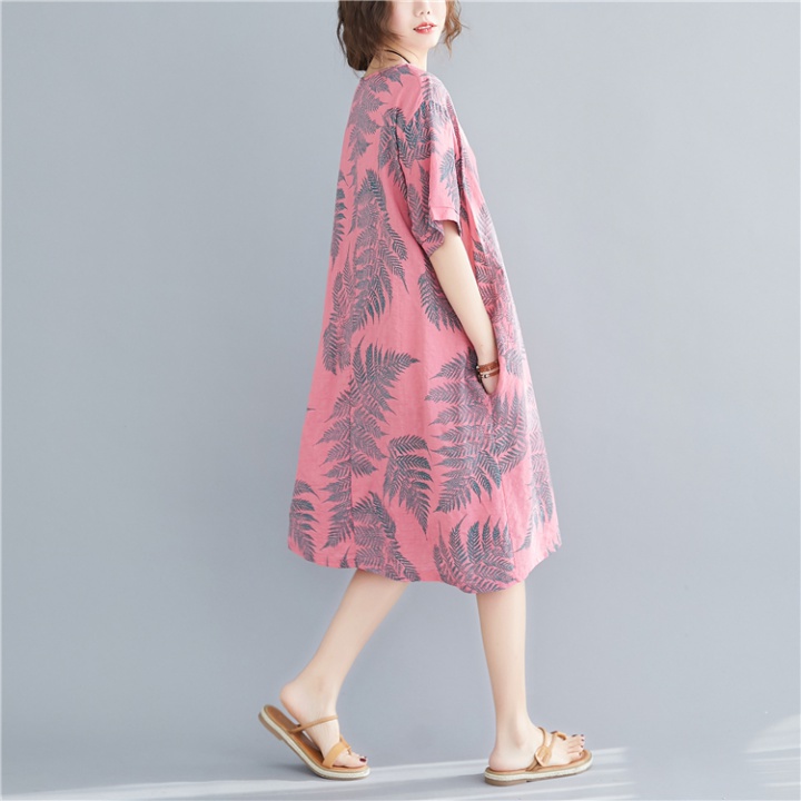 Loose fat cotton linen pink large yard dress