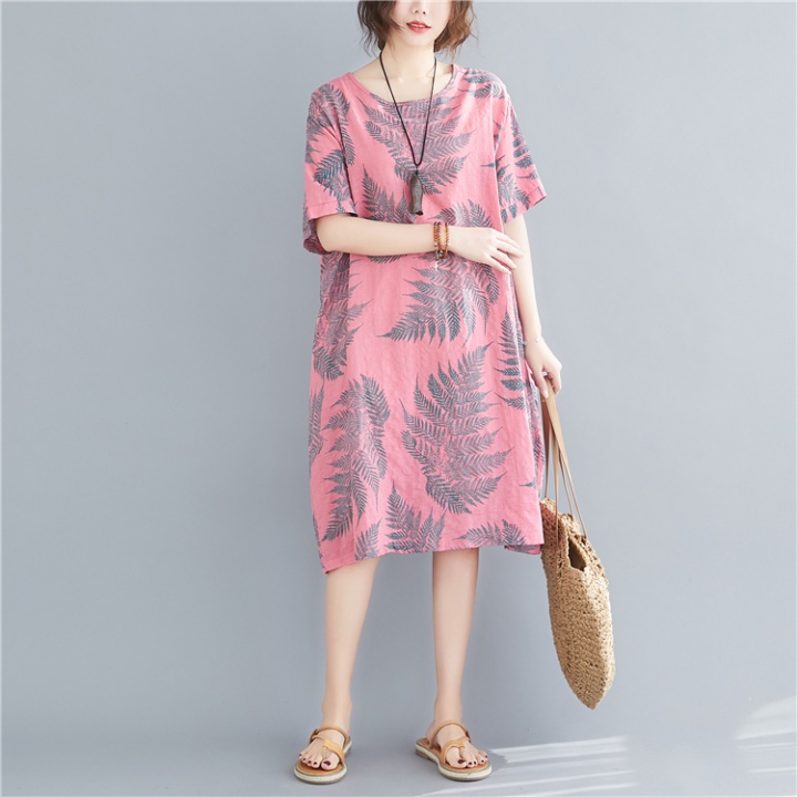 Loose fat cotton linen pink large yard dress