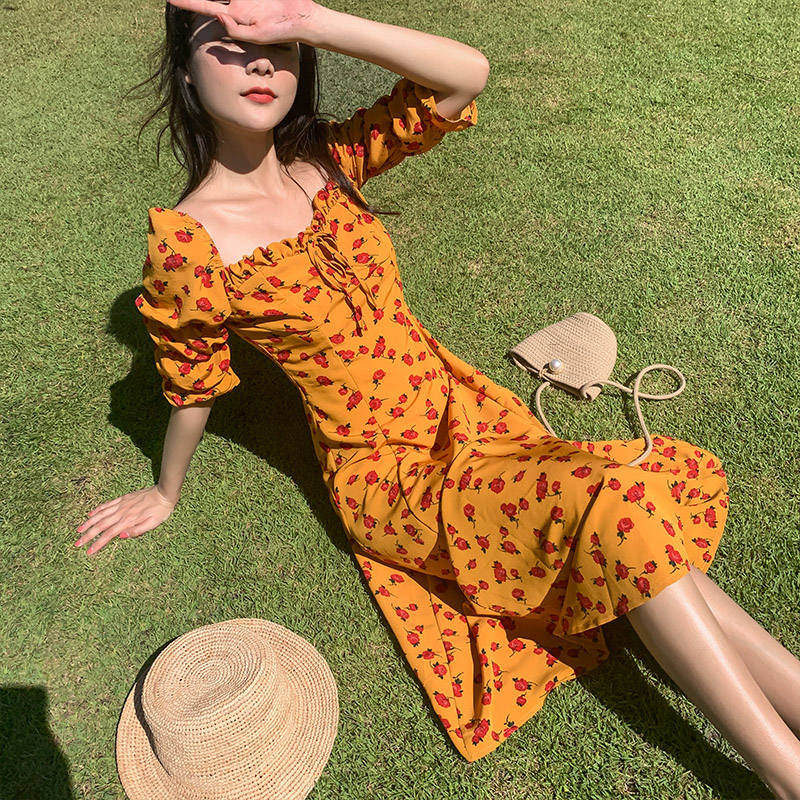 Retro sexy floral yellow vacation France style dress
