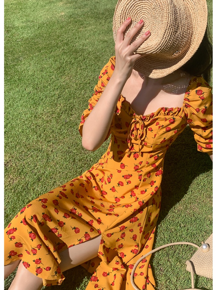 Retro sexy floral yellow vacation France style dress