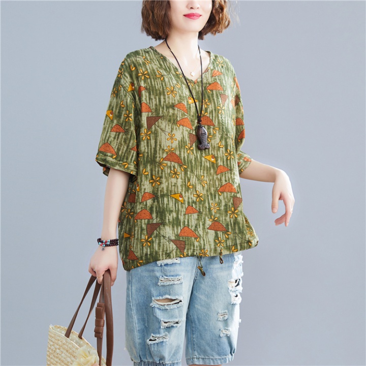 Printing large yard tops V-neck loose T-shirt for women