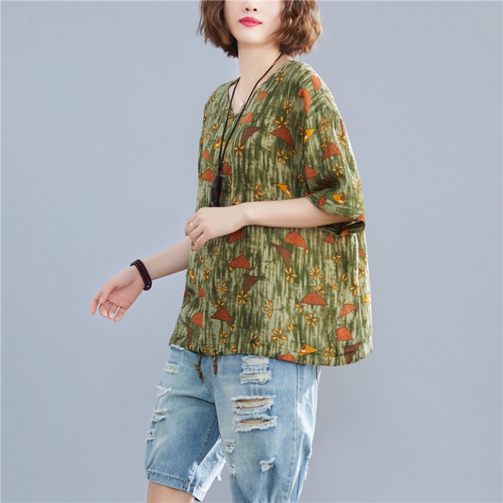 Printing large yard tops V-neck loose T-shirt for women