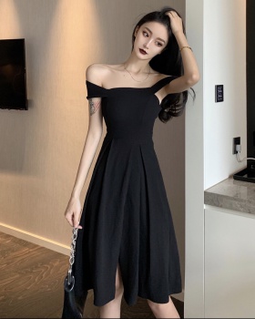 Summer flat shoulder pure black sling France style dress