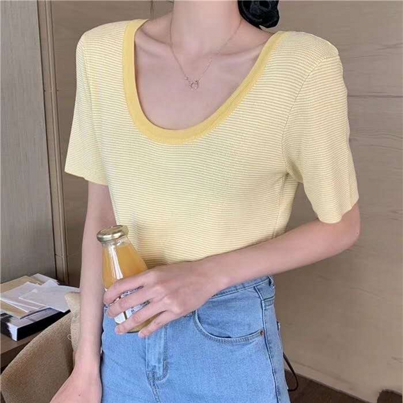 Loose short sleeve sweater U-neck pullover tops