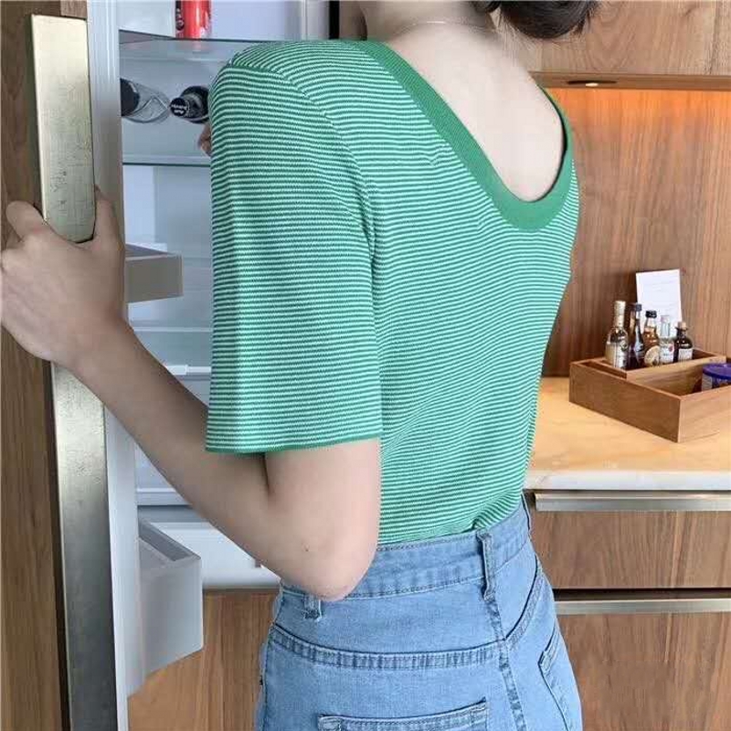 Loose short sleeve sweater U-neck pullover tops
