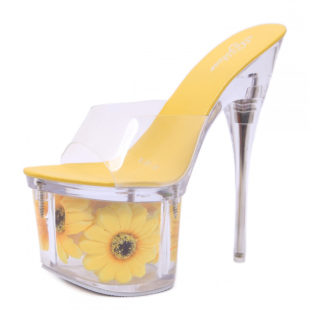 Transparent sexy thick shoes crystal sunflower fine-root slippers