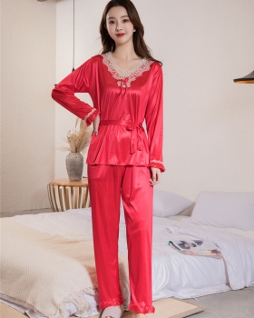 Ice silk spring and autumn pajamas 2pcs set for women