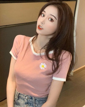 Colors slim tops embroidery short sleeve sweater for women