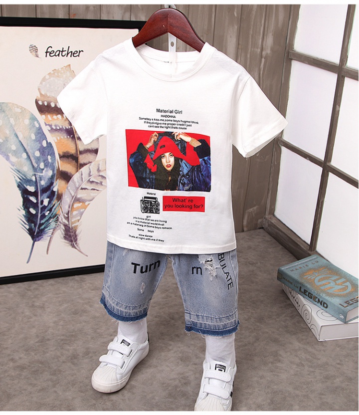 Short sleeve big child child fashion printing boy tops 2pcs set