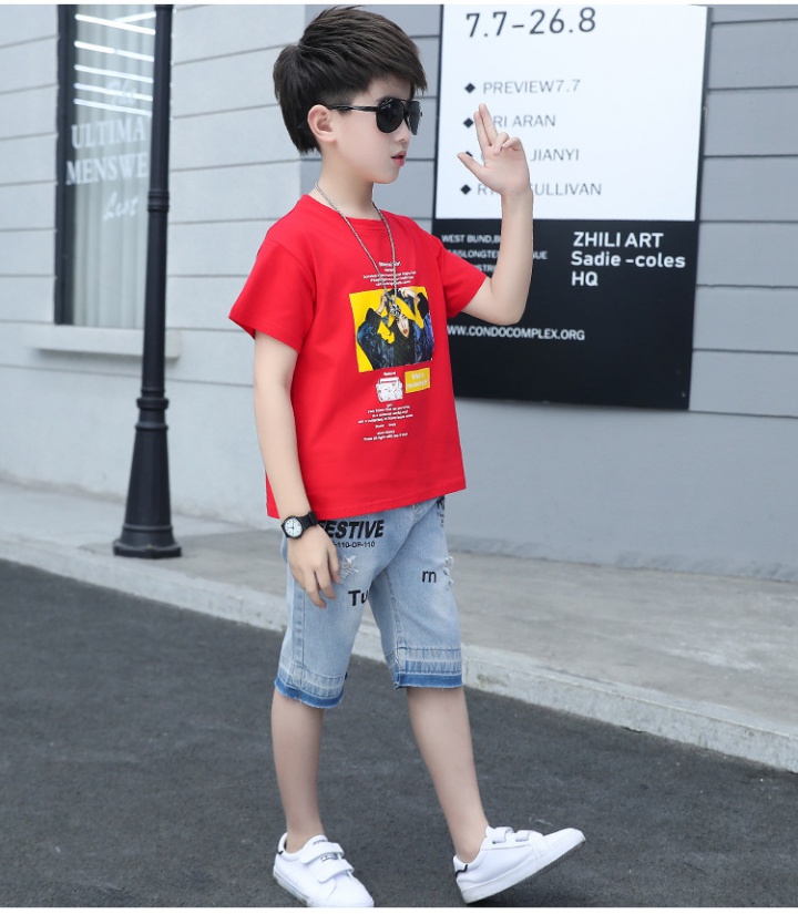 Short sleeve big child child fashion printing boy tops 2pcs set