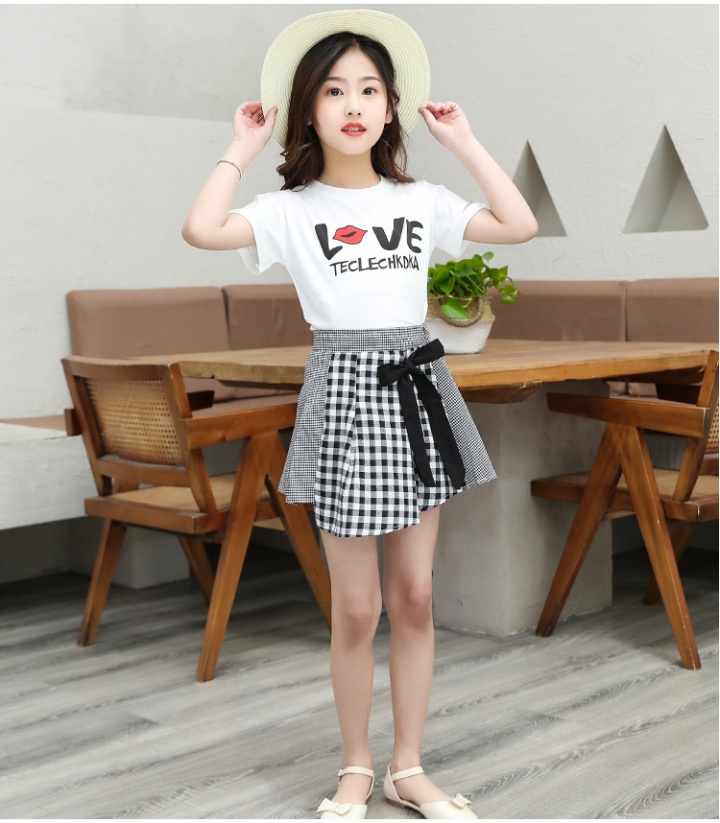 Short sleeve Korean style child summer plaid pants 2pcs set