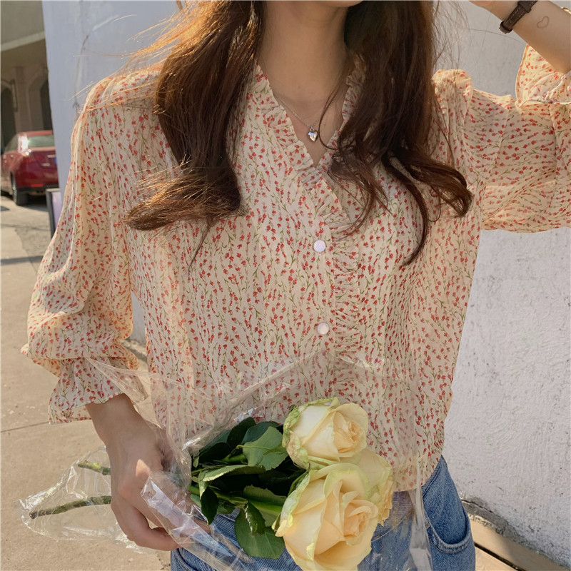 Summer floral Korean style V-neck retro chiffon shirt