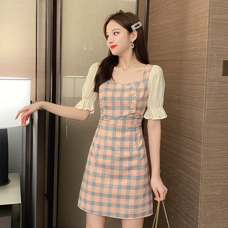Plaid splice chiffon Korean style dress for women