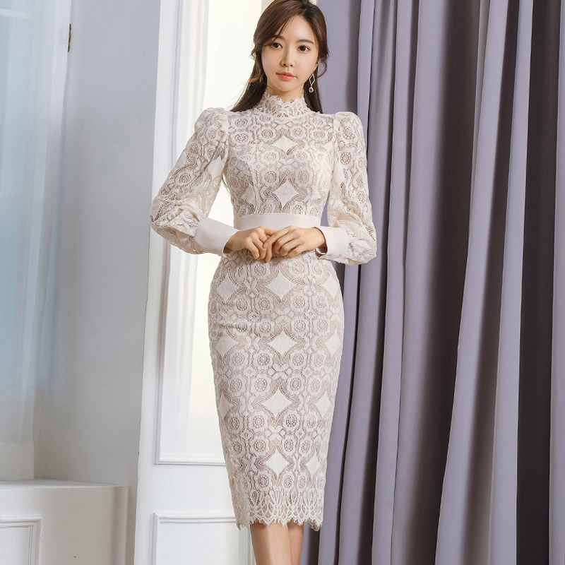 Long splice ladies lace Korean style package hip dress
