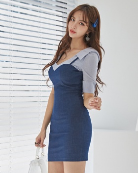 Denim slim Korean style spring high waist splice V-neck dress