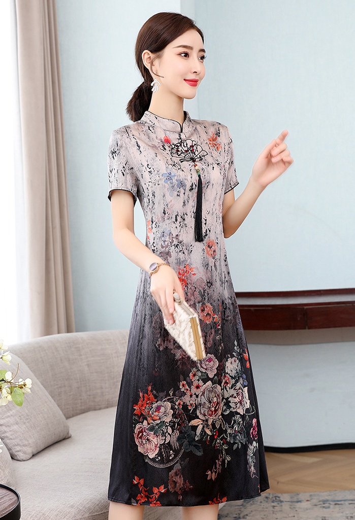 Real silk slim summer cheongsam middle-aged silk dress