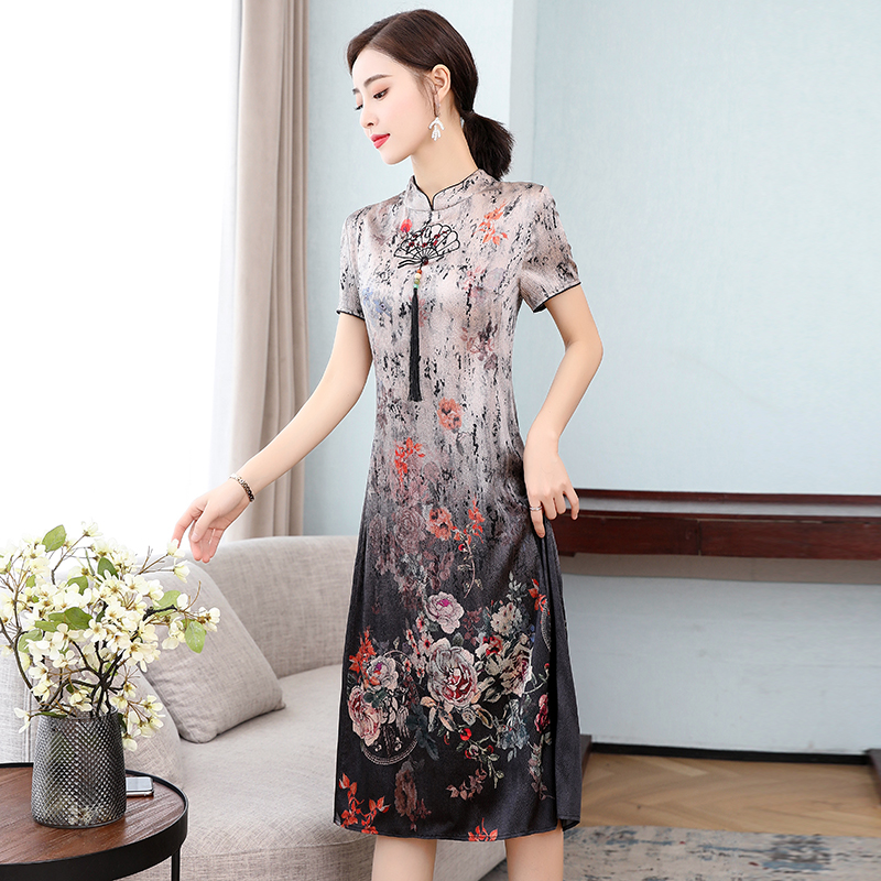 Real silk slim summer cheongsam middle-aged silk dress