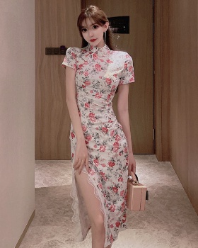 Temperament printing maiden cheongsam lace split dress