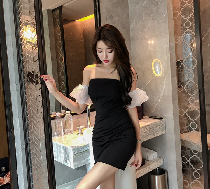 Organza splice wrapped chest sexy puff sleeve dress