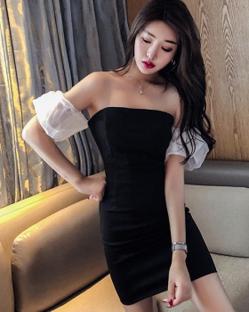 Organza splice wrapped chest sexy puff sleeve dress
