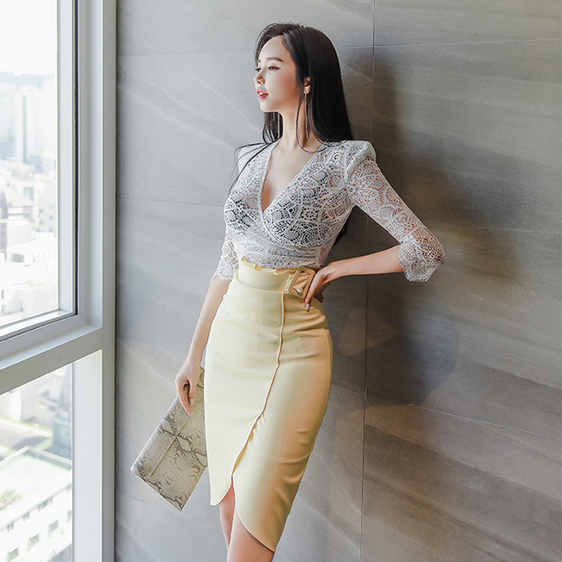 Side buckle cross tops Korean style V-neck skirt