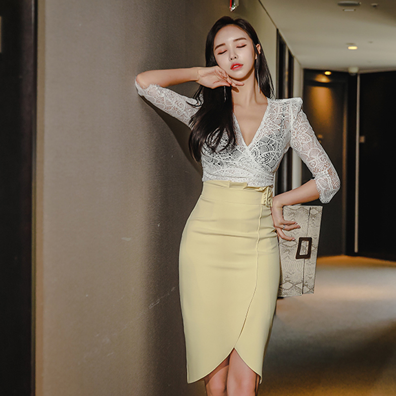 Side buckle cross tops Korean style V-neck skirt