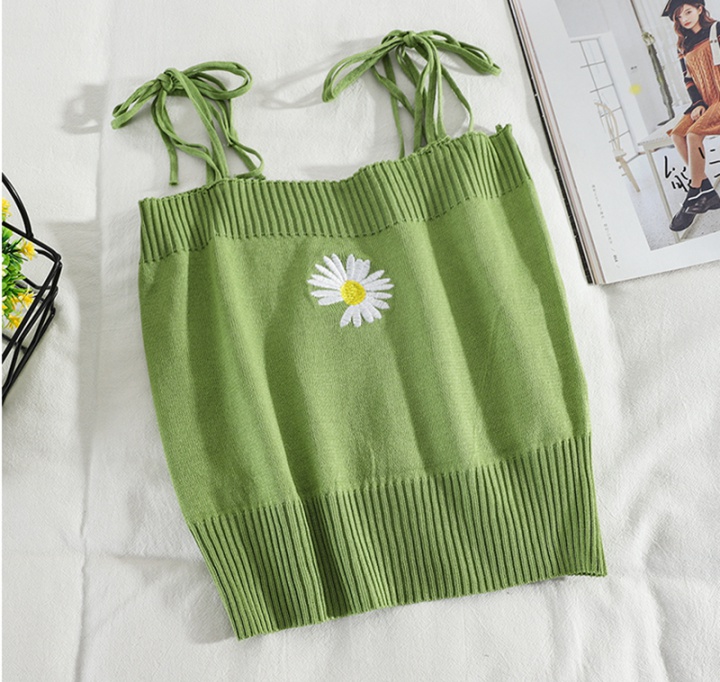 Embroidery sleeveless navel tops knitted short small sling