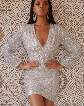Sexy V-neck package hip European style sequins dress
