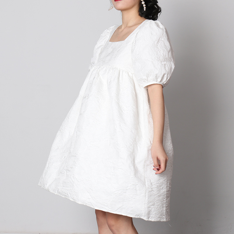 Square collar small lady T-back puff sleeve loose dress