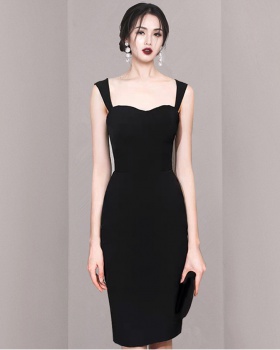 Sling high waist slim black France style dress for women