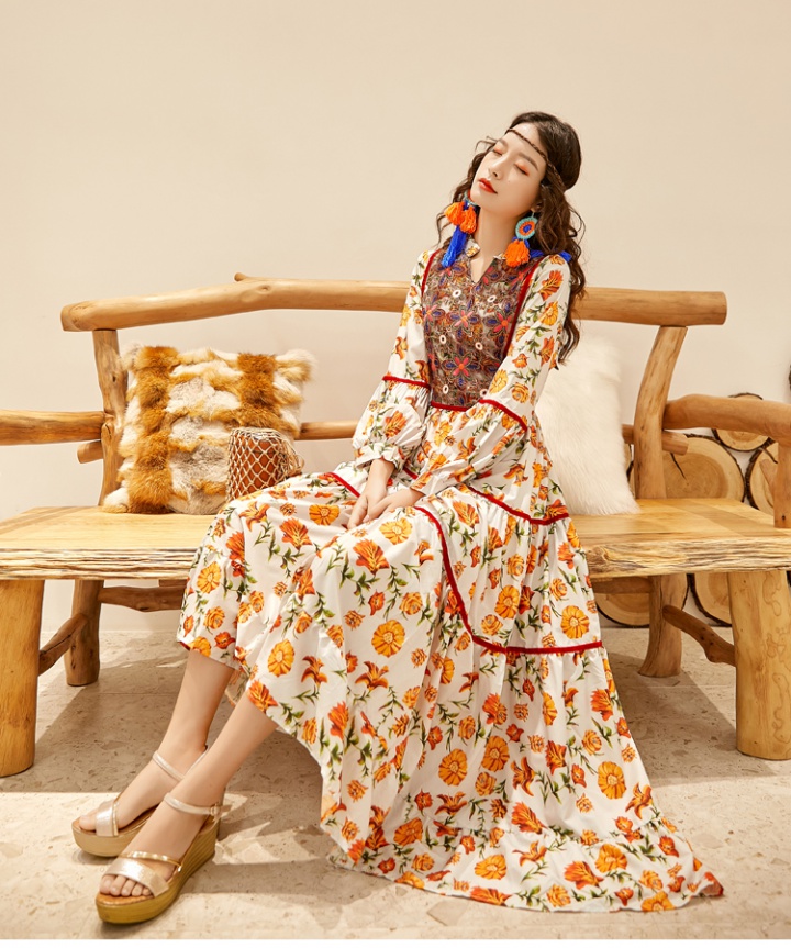 Embroidered dress vacation long dress