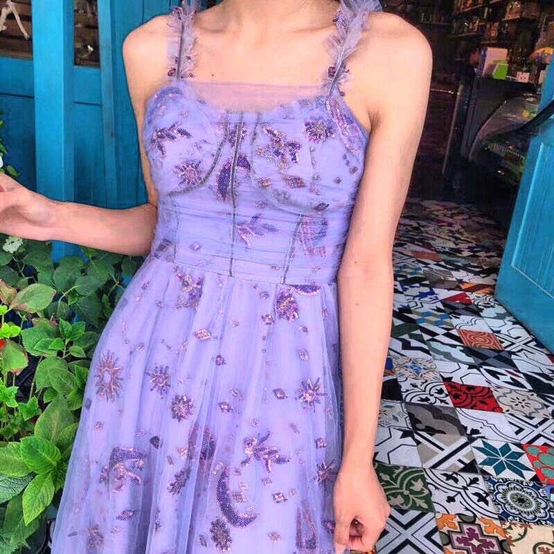 Purple beautiful lady strap dress bud floral gauze dress